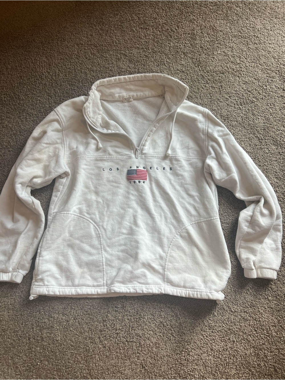 Brandy Melville White Quarter-Zip Pullover with Striped Chest Graphic